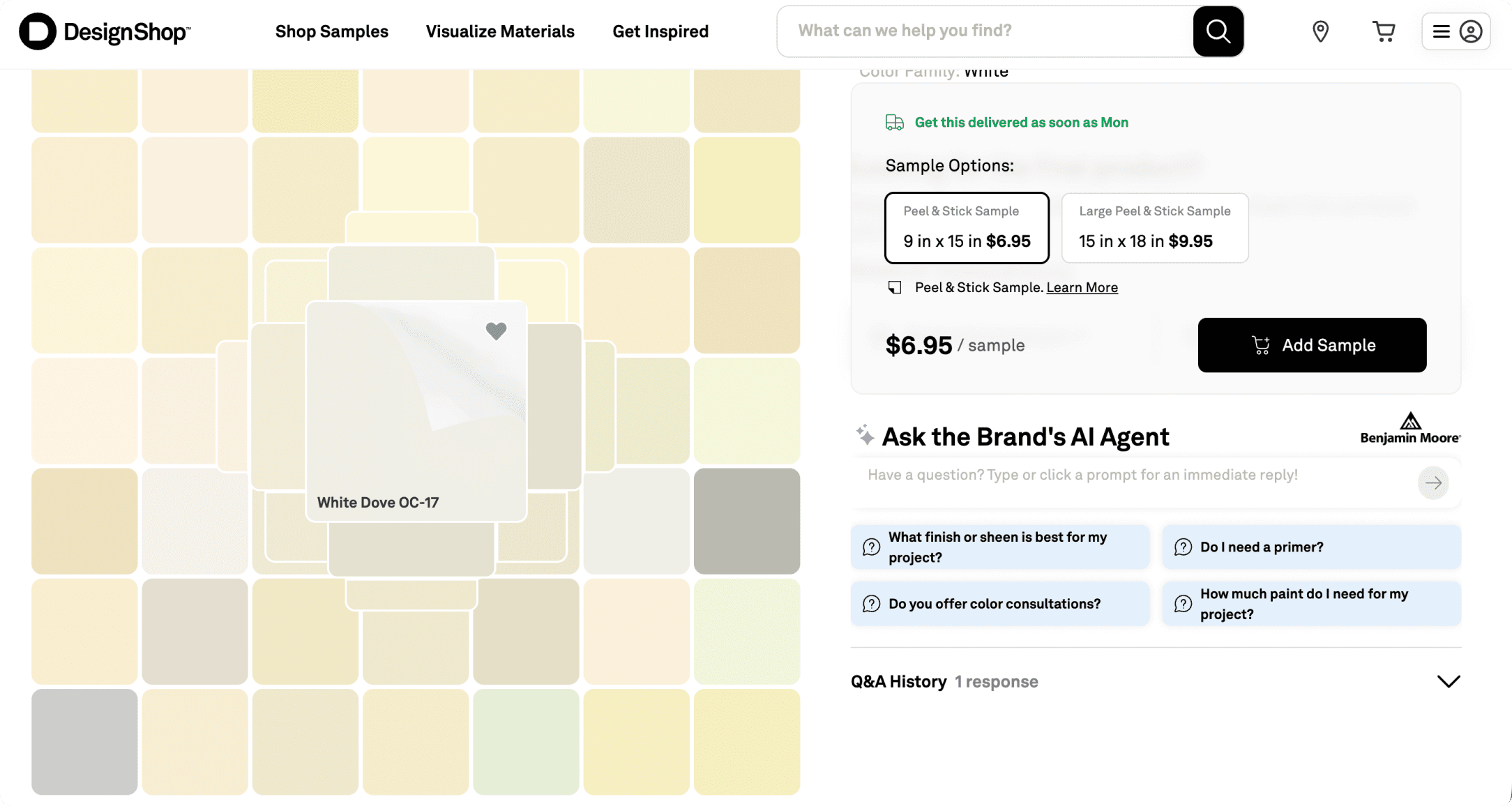 DesignShop Benjamin Moore paint page with the Brand AI Agent chat panel open and suggested shopper questions