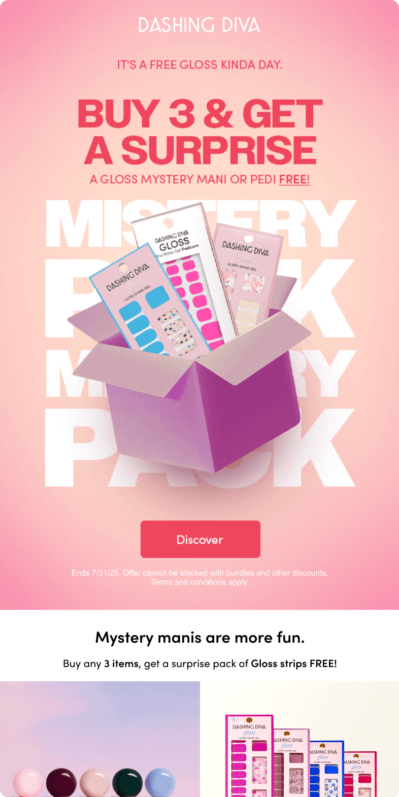Dashing Diva promotional email for a Buy 3 Get a Surprise offer, featuring a mystery pack box with Gloss nail strip products