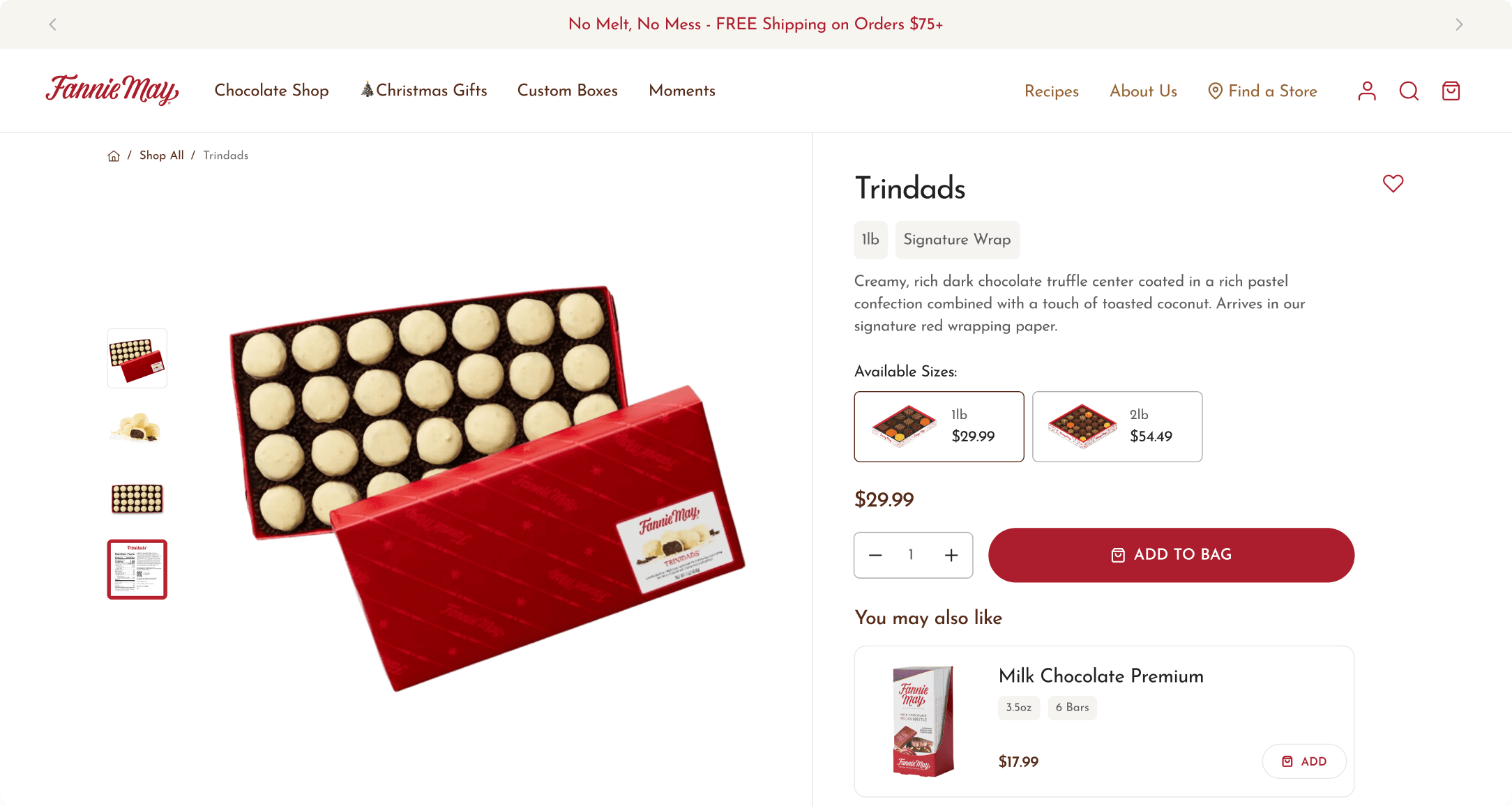Fannie May product detail page for Trindads chocolate box showing size variants, pricing, and an Add to Bag button