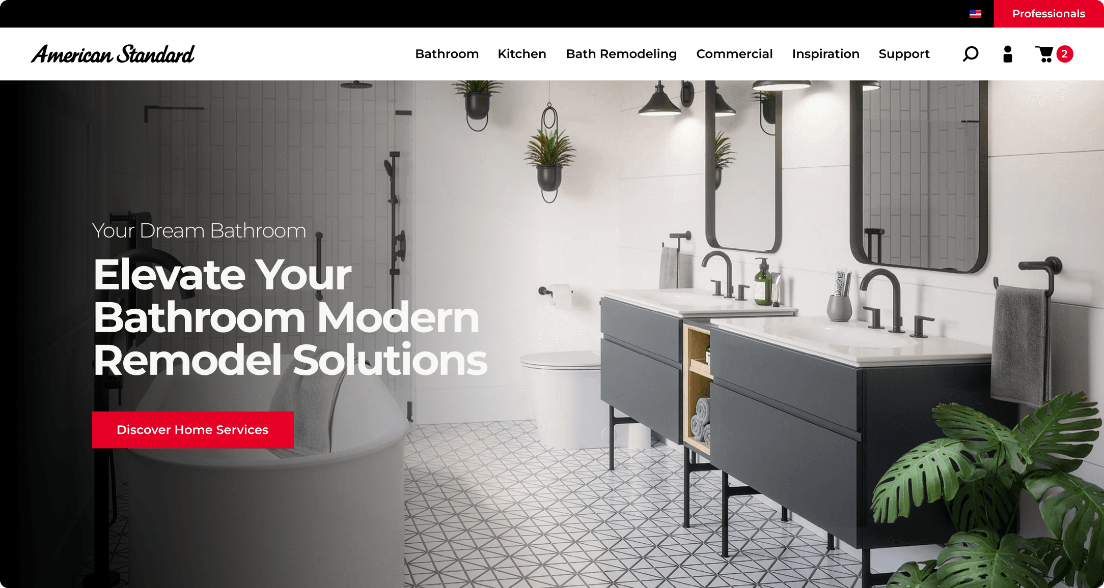 American Standard homepage featuring a modern bathroom remodel with dual vanities, geometric floor tiles, and a Discover Home Services call to action