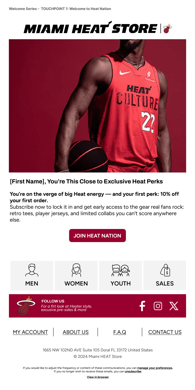 Miami Heat welcome email featuring a player in a red Heat Culture jersey and a 10% off incentive to join Heat Nation