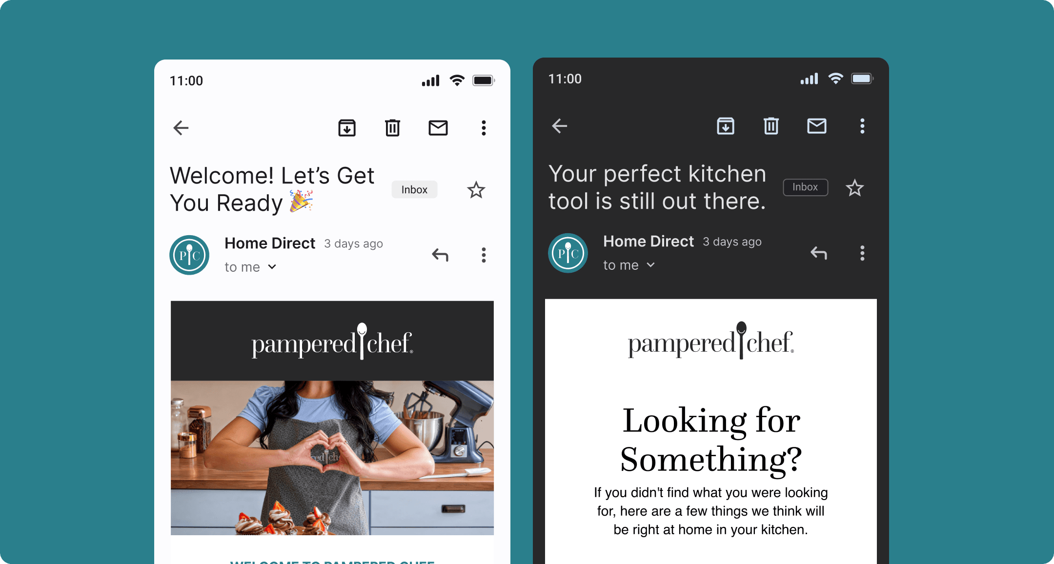 Two mobile screens showing Pampered Chef welcome and browse abandonment email campaigns with teal branding and product imagery