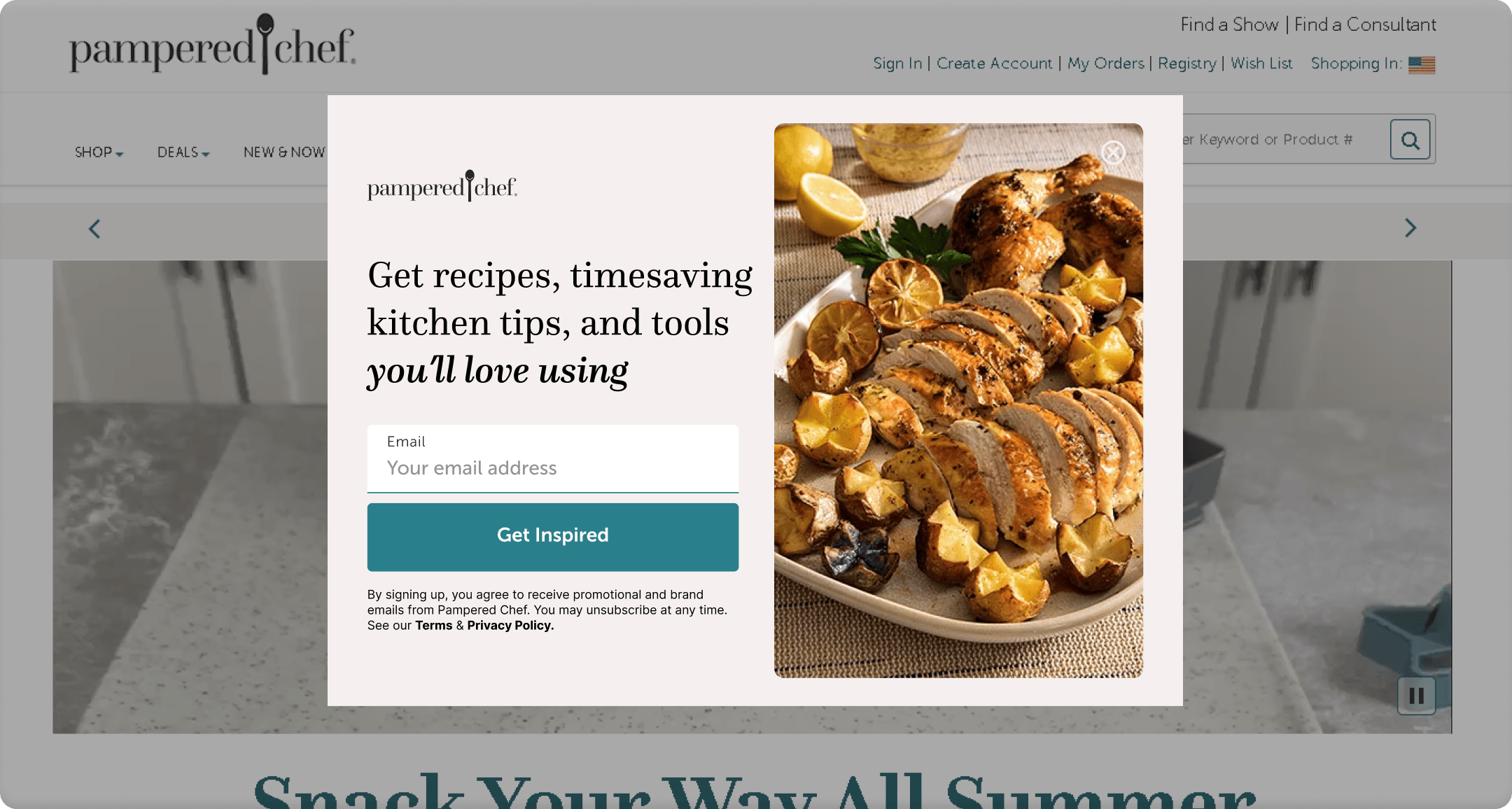 Pampered Chef website popup email signup form offering recipes and kitchen tips, with a roasted chicken dish in the background