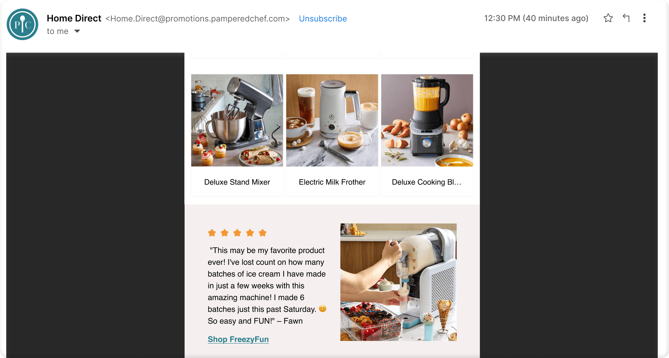 Pampered Chef promotional email in Gmail showcasing Deluxe Stand Mixer, Electric Milk Frother, and Deluxe Cooking Blender with a customer review
