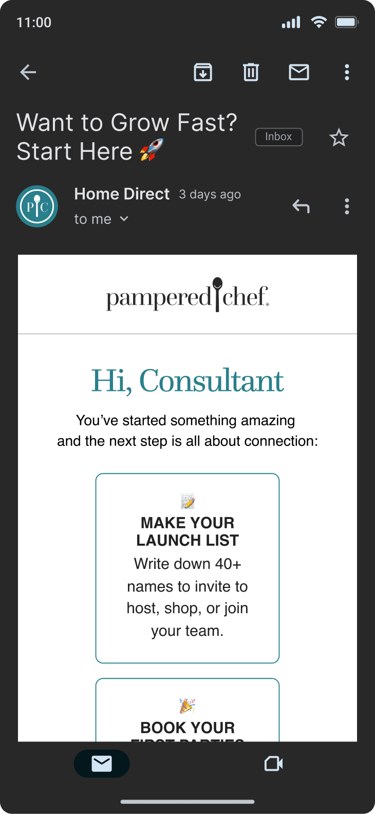Mobile phone showing a Pampered Chef 'We've Got You!' browse abandonment email featuring a stand mixer and personalized product recommendations