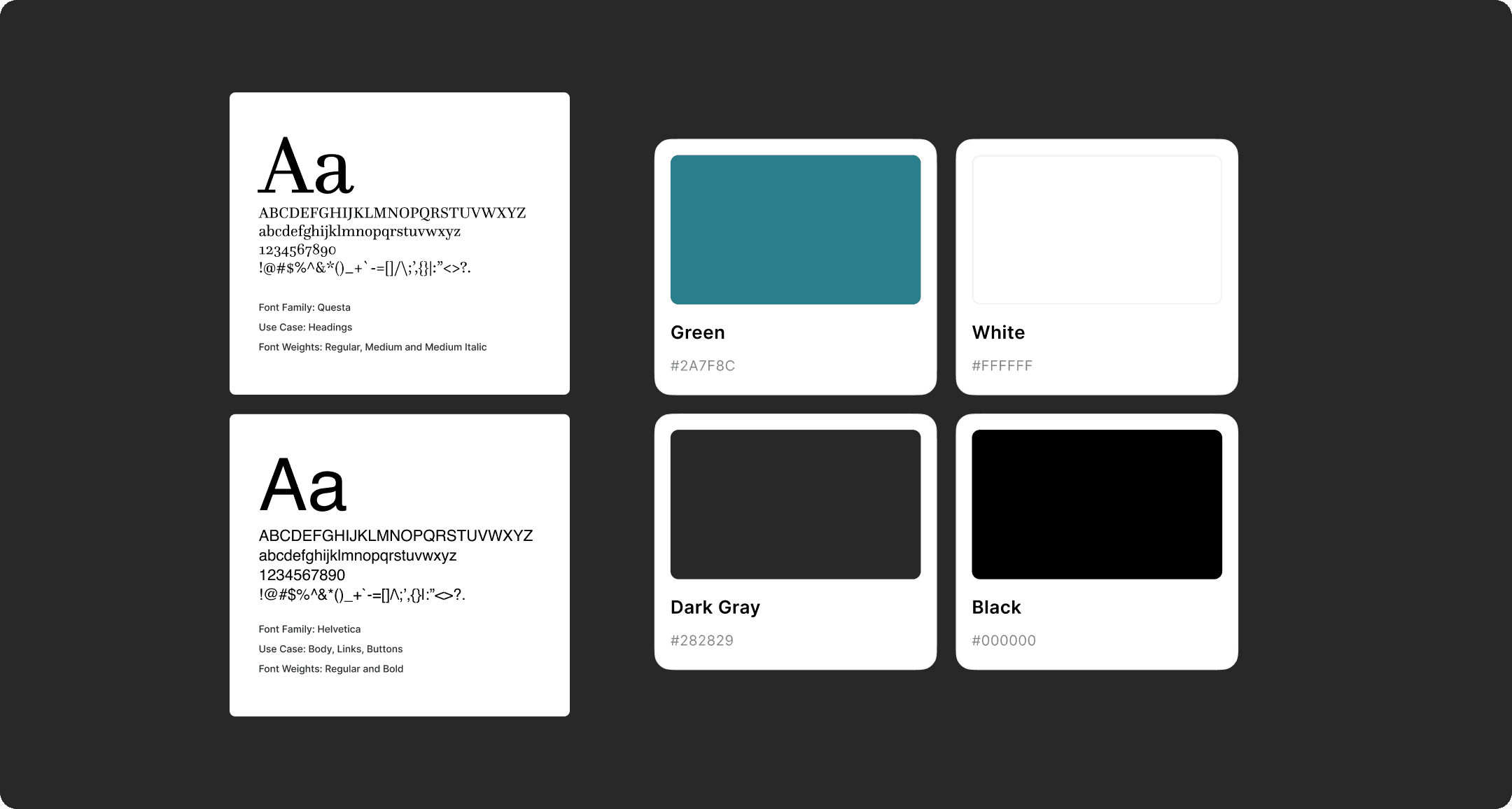 Pampered Chef brand guidelines card displaying Questa and Helvetica typefaces alongside a color palette of teal green, white, dark gray, and black