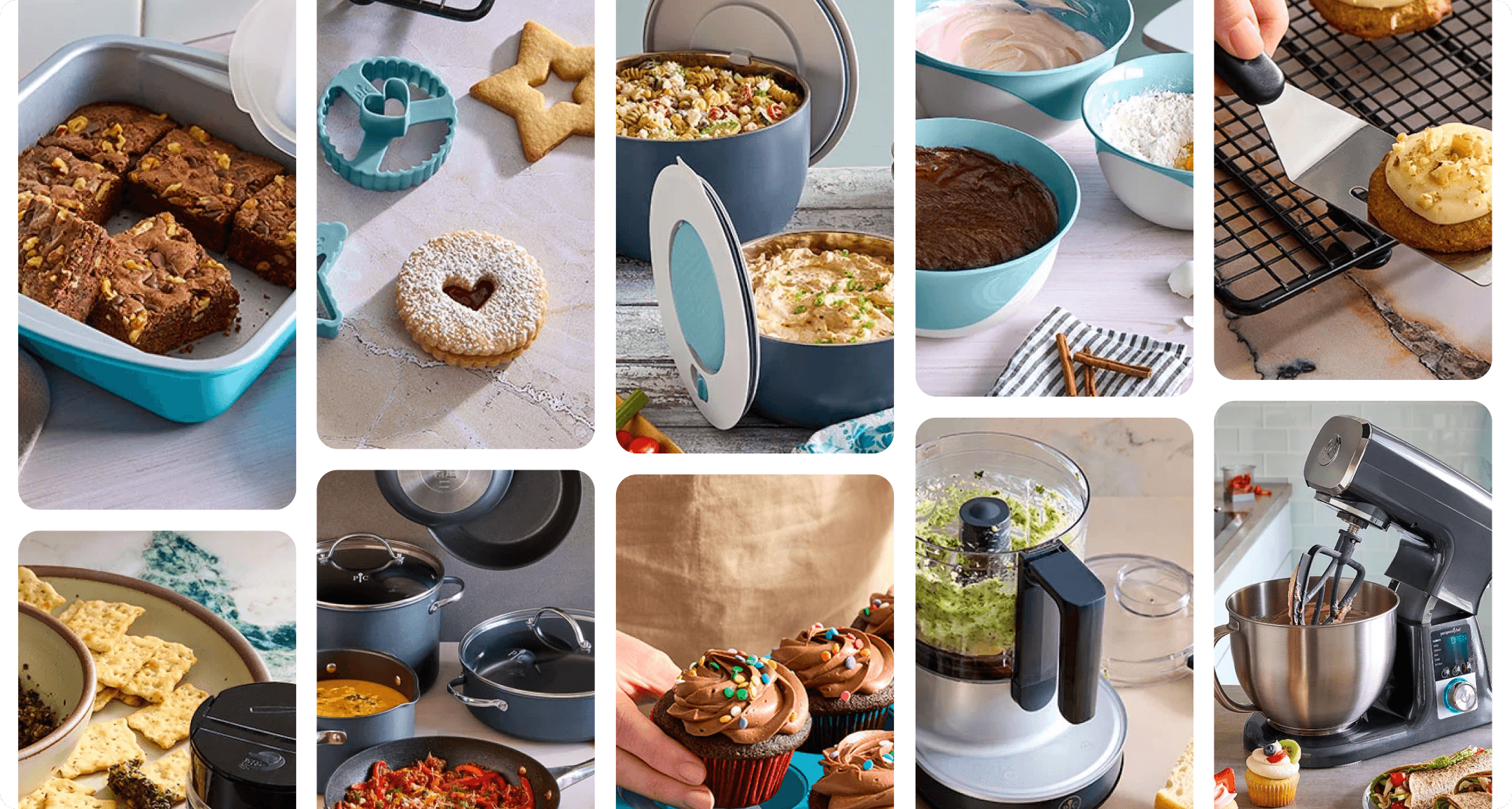 Mosaic of Pampered Chef kitchen products including bakeware, mixing bowls, cupcakes, a food processor, and a stand mixer in teal and blue tones
